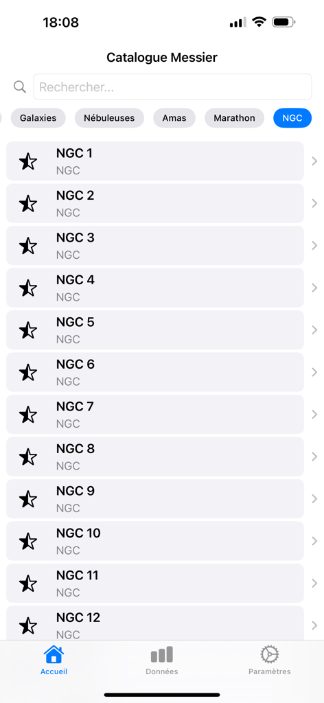 CatalogueMessier - Lista de objetos de cielo profundo NGC en la aplicación Catalogue Messier