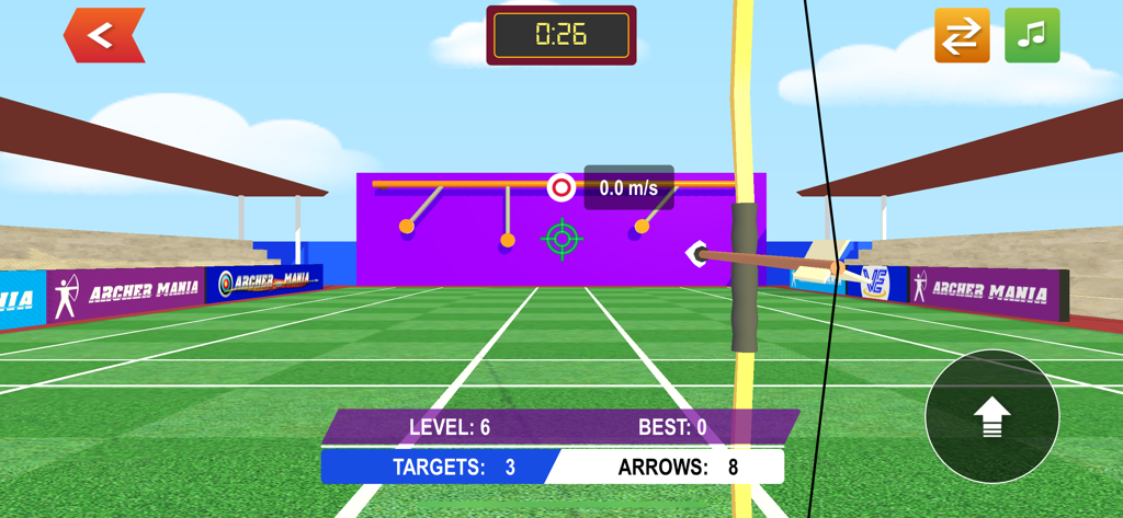 Eine Ego-Perspektive eines Bogenschießspiels, die einen Bogen auf bewegliche Ziele in einem Stadion zeigt.