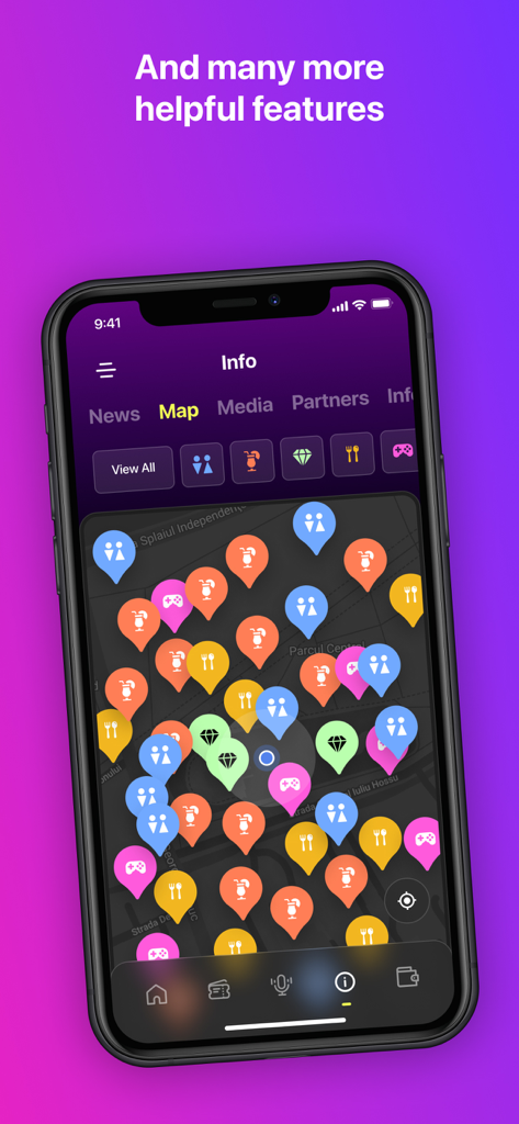 Interaktive Festival-Karte in der Untold App mit bunten Symbolen für Annehmlichkeiten und Bühnen