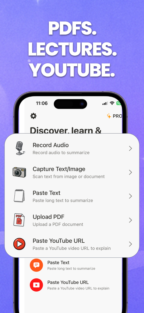 Cram Whiz app interface with a menu to record audio, scan text, upload PDFs, and paste YouTube links.