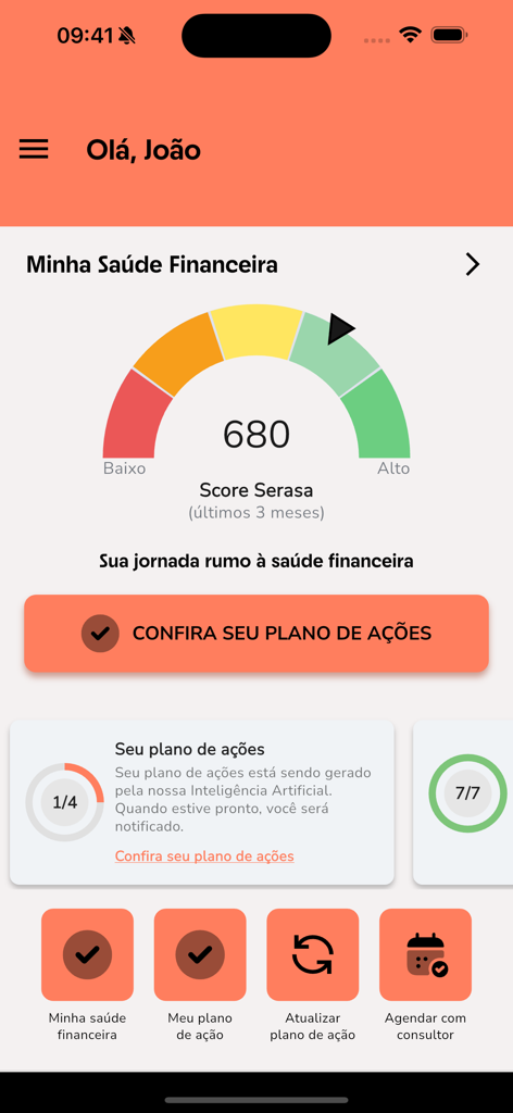 Jeitto Consignado - Jeitto Consignado app dashboard showing a financial health score gauge and personalized action plan