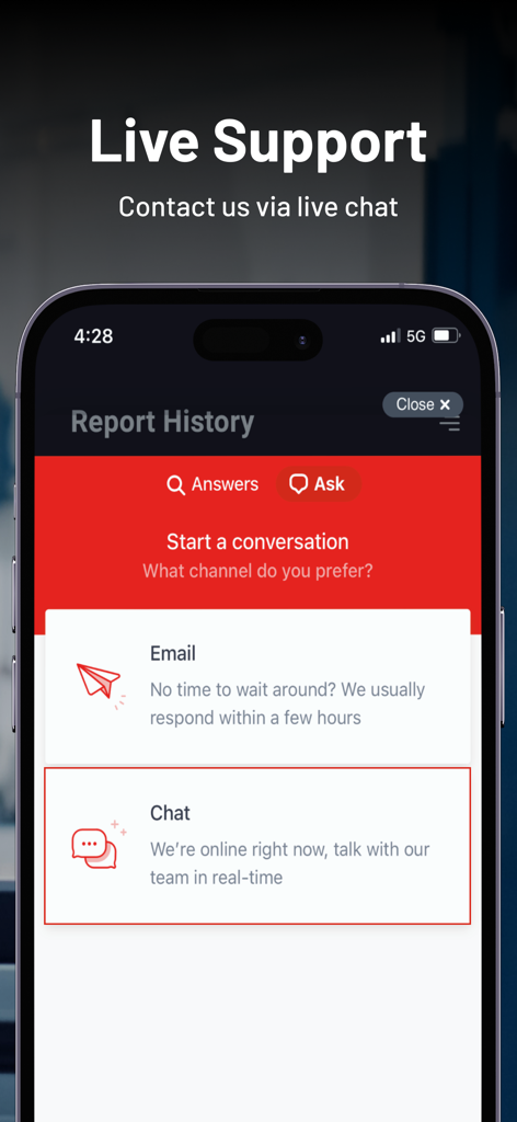 Interface of RepairSolutions2 app offering live support via email and real-time chat