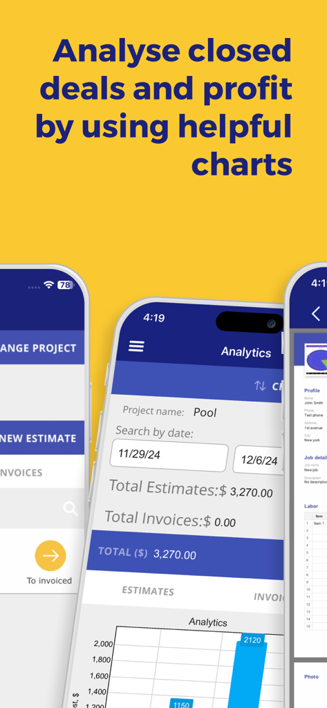 Construction Estimator App analytics dashboard showing profit charts and project estimate totals.