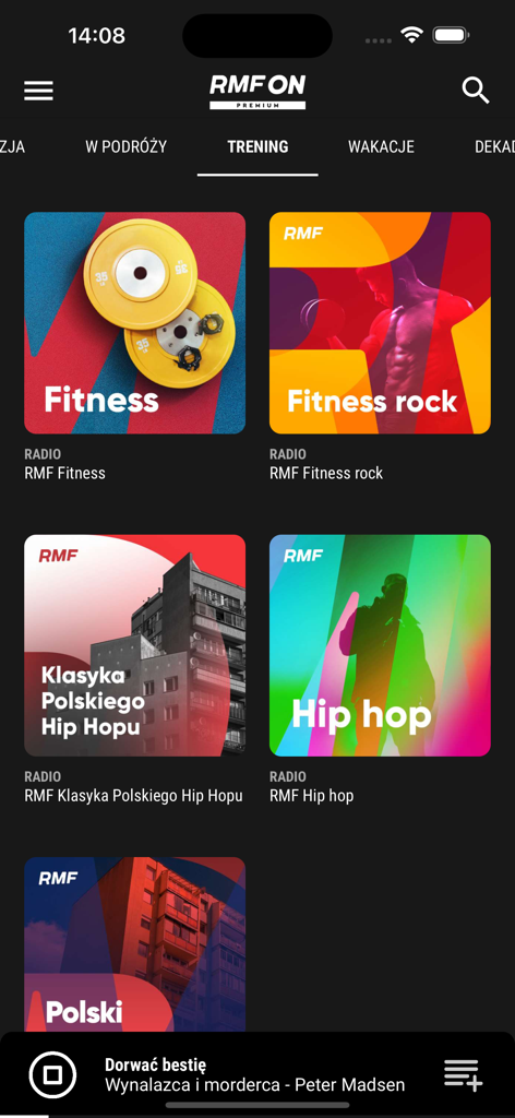 Pantalla de la aplicación RMF ON mostrando estaciones de música polacas para entrenamiento y ejercicios.