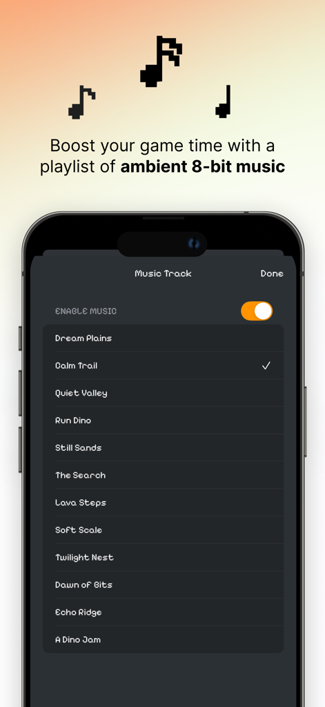 Pantalla del menú de Steve Dino Run que muestra una selección de pistas de música de fondo ambientales de 8 bits