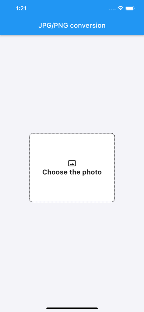 L'écran principal de l'application JPG PNG Converter avec un bouton central pour choisir une photo