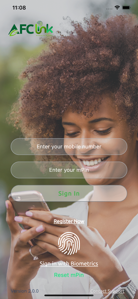 Tela de login do aplicativo de mobile banking AFC Link com entrada de número de celular e PIN, com opção de login biométrico.