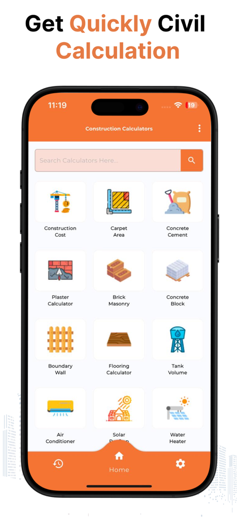 Construction Calc - Civil Calc - Startbildschirm der Construction Calc App mit Symbolen für Maurer-, Bodenbelags- und HLK-Rechner.