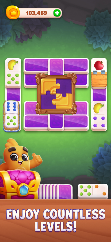 Domino Dreams gameplay screen showing domino tiles and a jigsaw puzzle frame