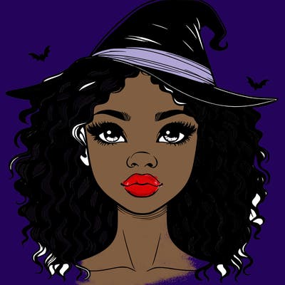 realistic black girl with wavy hair and witch hat and nose and lips