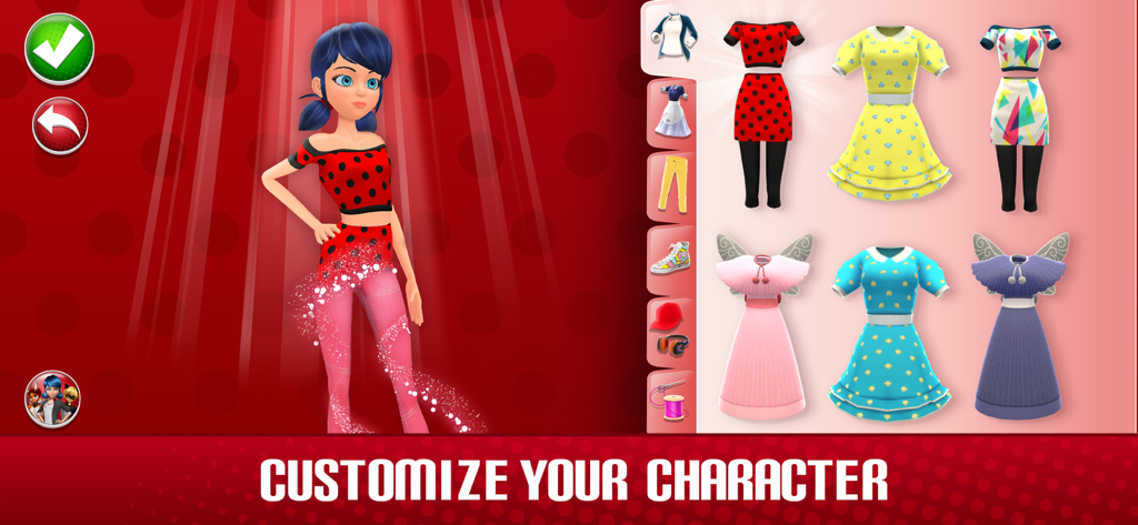 Miraculous Ladybug Life - Tela de personalização de personagem de Marinette com várias roupas e opções de moda em Miraculous Ladybug Life.