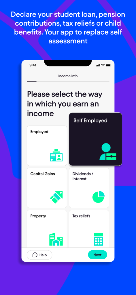 @Pie Tax - A mobile interface for @Pie Tax showing various income selection tiles including self-employed, capital gains, and property for UK tax assessment.