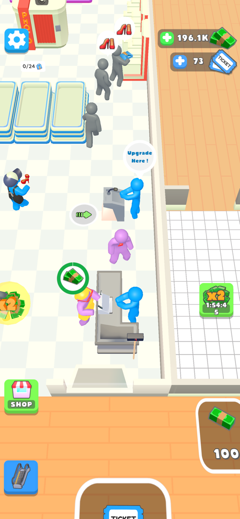 Shopping Mall 3D - Top down view of Shopping Mall 3D gameplay showing characters in a shoe store with a checkout counter and upgrade station
