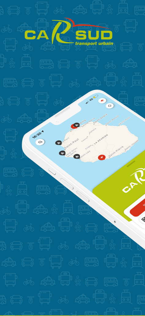 CARSUD - CARSUD mobile app showing a navigation map of Reunion Island on a smartphone