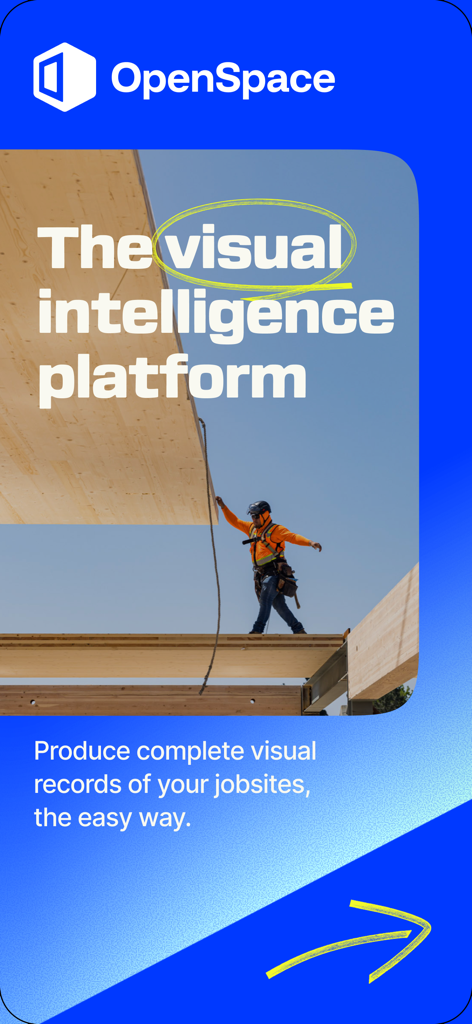 OpenSpace construction app screen showing a worker on a jobsite and visual intelligence platform text