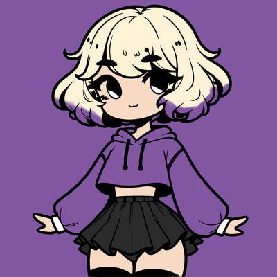 cute femboy with short, fluffy hair that softly frames their face, wearing a cropped hoodie, paired with a flouncy short skirt, and thigh-high stockings