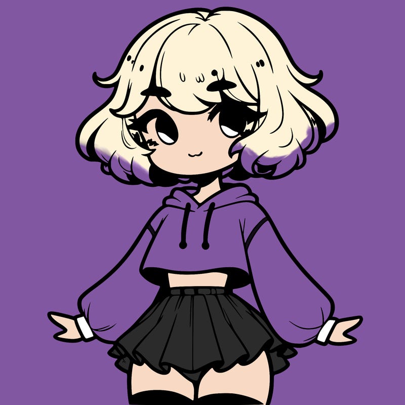 cute femboy with short, fluffy hair that softly frames their face, wearing a cropped hoodie, paired with a flouncy short skirt, and thigh-high stockings
