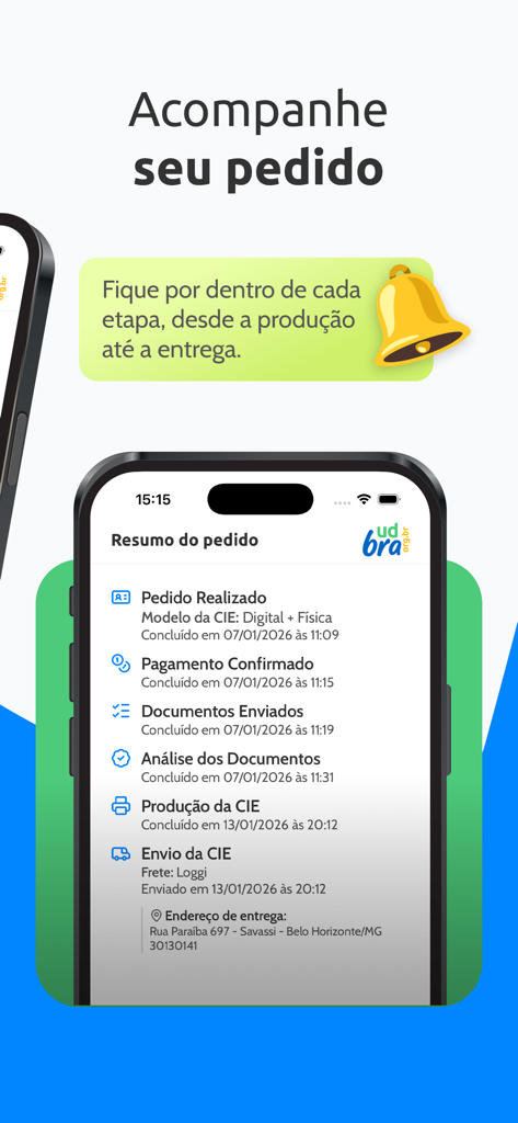 UDBRA | CIE Digital - Smartphone screen showing real-time order tracking for a physical UDBRA student ID card
