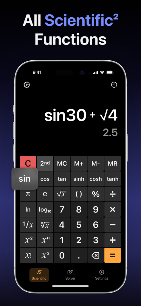 Interfaz de calculadora científica que muestra funciones de seno y raíz cuadrada sobre un fondo oscuro