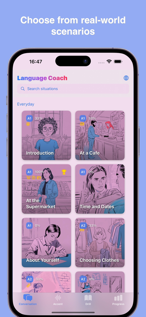Conversation IQ：Language Coach - Language Coach app interface showing a variety of real-world conversation scenarios like at a cafe or supermarket