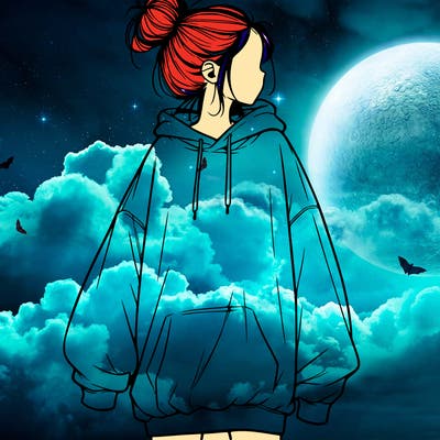 realistic girl with a oversized sweatshirt on and a bun
