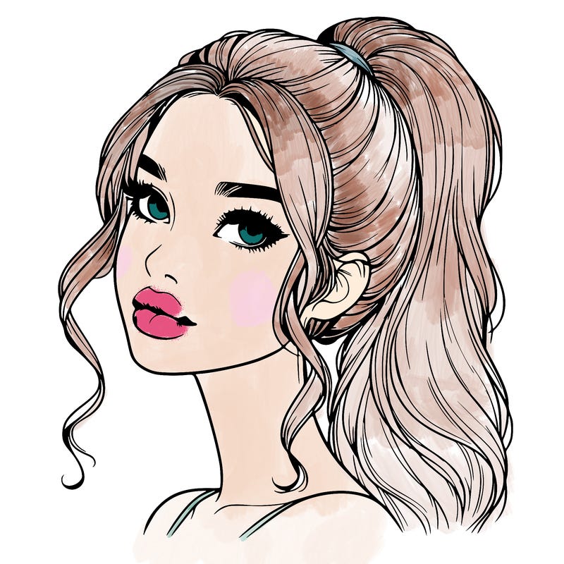 realistic girl with a ponytail on her hair and lips