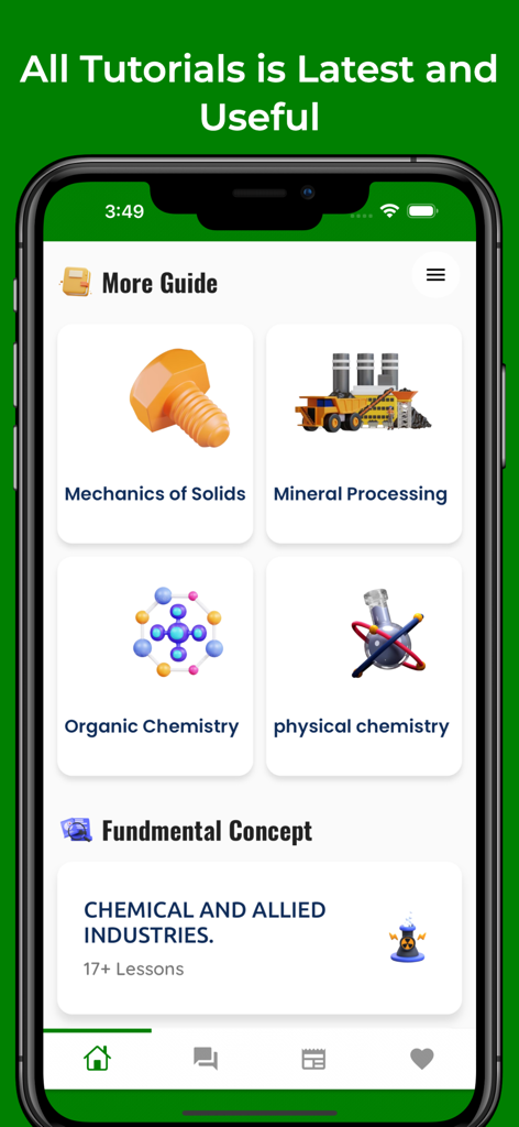 Screenshot der mobilen App Learn Chemical Engineering, der Tutorials zu Mechanik der Festkörper, Mineralaufbereitung und organischer Chemie anzeigt.