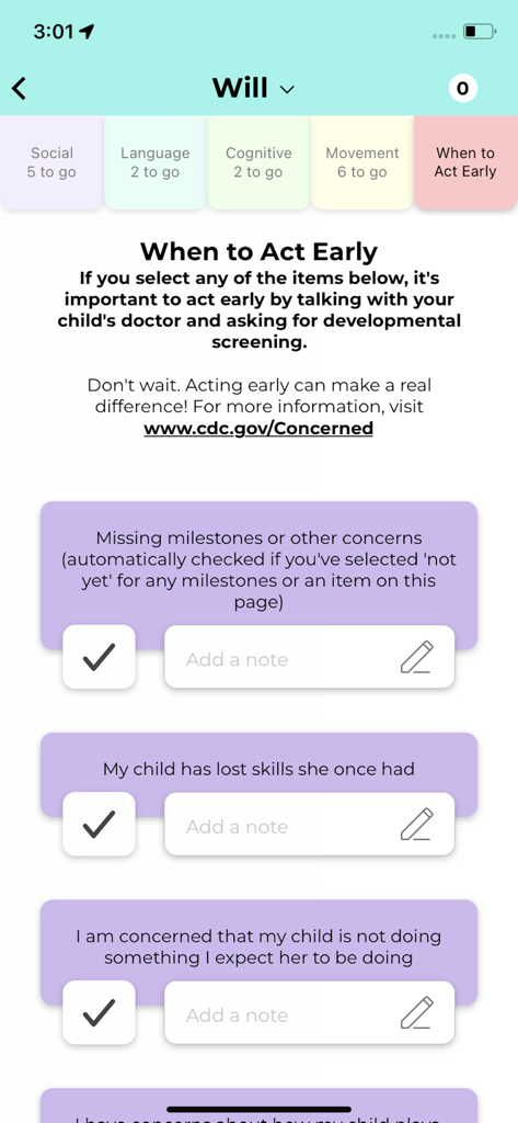 CDC's Milestone Tracker - Screenshot des Abschnitts 'Wann früh handeln?' in der CDC Meilenstein-Tracker-App, der Checkboxen für Entwicklungssorgen und Notizfelder zeigt.