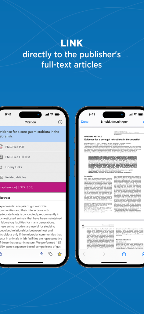 Prime app interface showing links to full-text medical journal articles