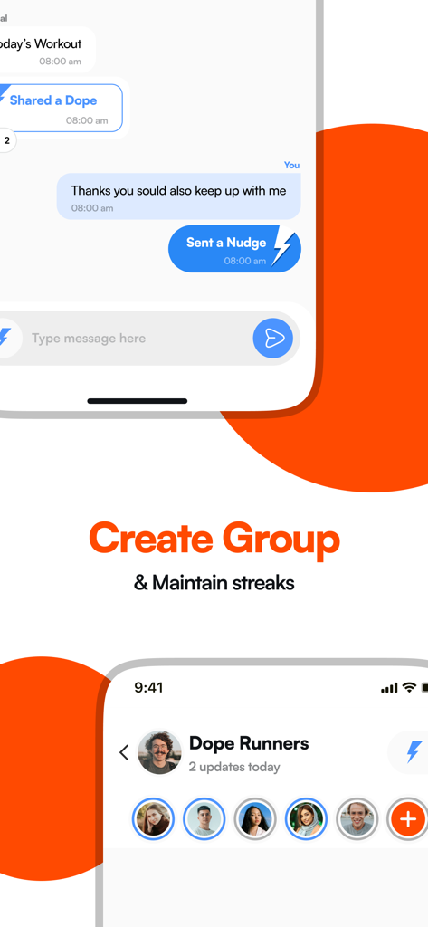 Dopamine app screens showing group chat with nudges and a runner group profile for tracking streaks