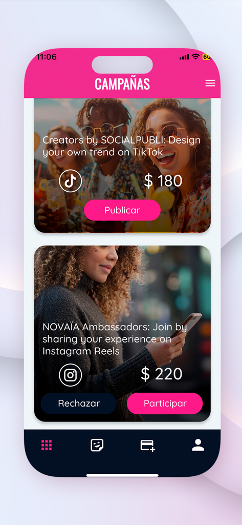 Socialpubli.com Influencers - Interfaz móvil de la aplicación Socialpubli que muestra oportunidades de campañas de influencers para TikTok e Instagram con importes de ganancias