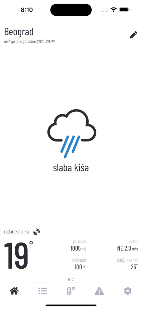 Vreme u Srbiji - Interface de l'application Vreme u Srbiji montrant les prévisions météorologiques pour Belgrade avec une pluie légère et une température de 19 degrés