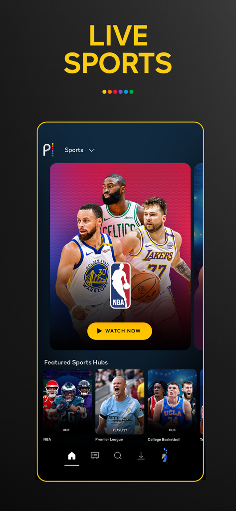 Peacock TV App mobile Oberfläche mit Hervorhebung von Live-Sport und vorgestellten Hubs für NBA und Premier League