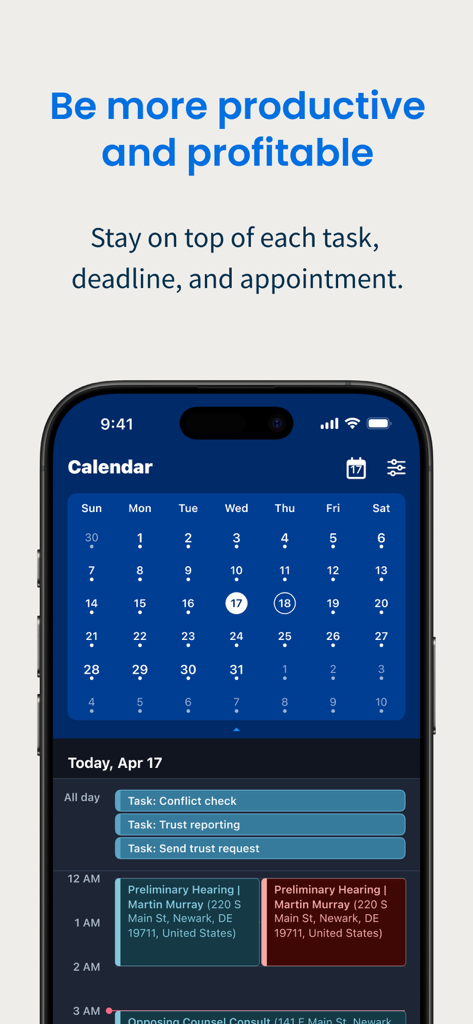 Clio for Law Firms and Lawyers - Interface de calendário do aplicativo móvel Clio mostrando tarefas jurídicas e agendas de audiências