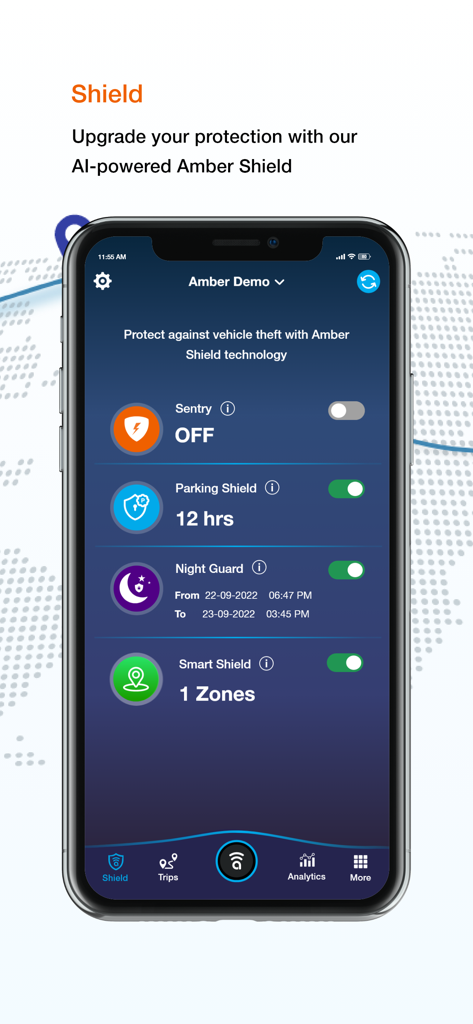 Amber Connect - Amber Connect app screen displaying AI-powered vehicle security settings including Sentry Mode, Parking Shield, and Night Guard