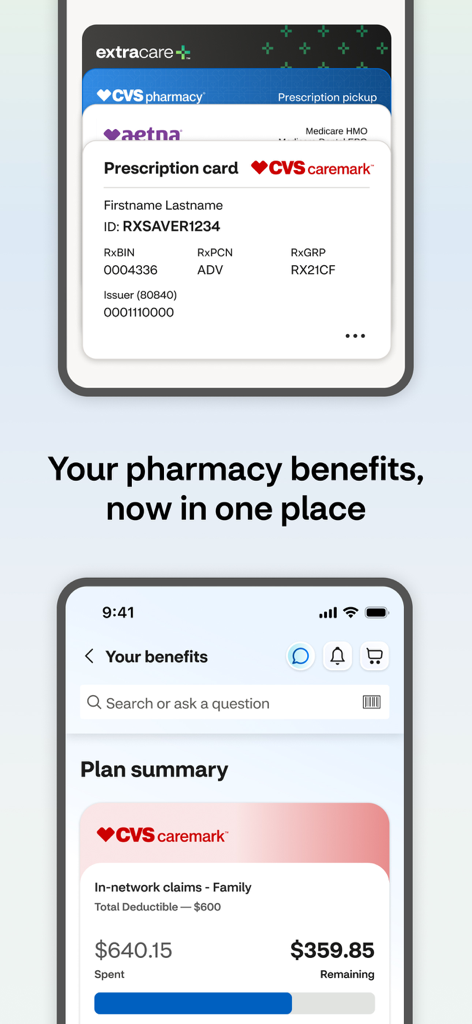 CVS Health app screen showing digital insurance cards and pharmacy benefit plan summary.