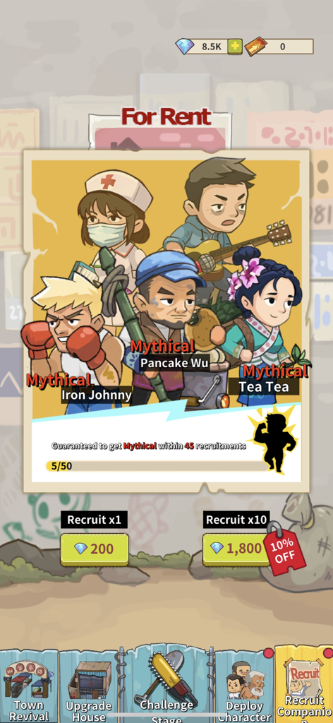 Interface de recrutamento de personagens em Home Defender Wangs Story com companheiros míticos e opções de invocação