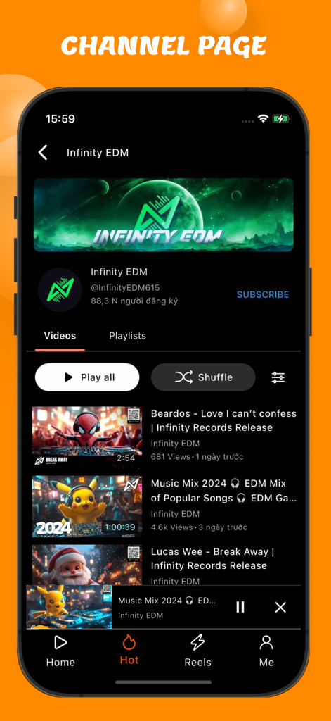Screenshot der OneTube-App, die eine Künstlerkanal-Seite mit Musikvideo-Listings und Wiedergabeoptionen anzeigt.