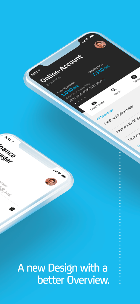 Oberfläche der Bank Austria MobileBanking-App zeigt eine Online-Kontoübersicht und einen Finanzmanager auf zwei Smartphones