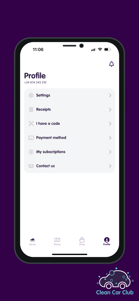 Clean Car Club+ - Interfaz de perfil de usuario de la aplicación Clean Car Club+ que muestra la configuración de la cuenta, recibos y opciones de gestión de suscripciones.