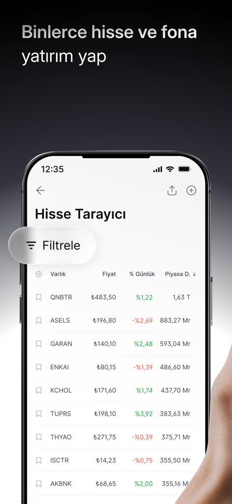 Midas: Borsa Hisse Alım Satım - Mobile interface of the Midas app displaying a stock scanner with a list of Turkish companies, their current prices, and daily changes.
