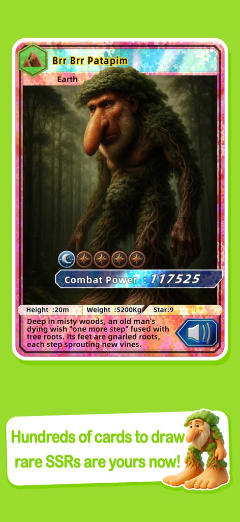 Brainrot Book - Una carta de personaje digital para Brr Brr Patapim en la aplicación Brainrot Book que muestra poder de combate y estadísticas.