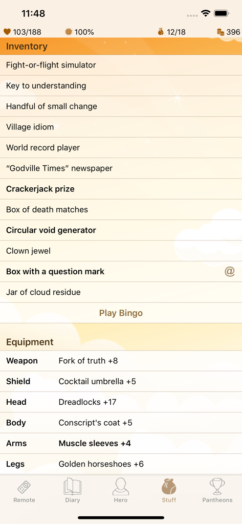 Godville - Una captura de pantalla de la aplicación móvil Godville que muestra una lista humorística de inventario y equipo con artículos como un Tenedor de la Verdad y un Paraguas de Cóctel.