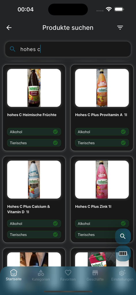 Schermata dei risultati di ricerca sull'app HalalCheck che mostra la conformità dietetica per vari prodotti a base di succo.
