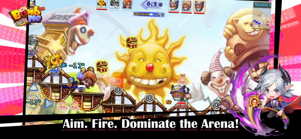 Bomb Me English - Gameplay screenshot of Bomb Me English showing chibi characters battling in a colorful carnival arena with the slogan Aim Fire Dominate the Arena