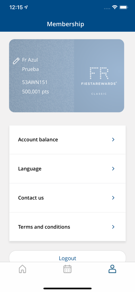 Fiesta Americana Travelty app membership profile with loyalty rewards card
