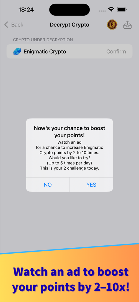 Pantalla de la aplicación CryptoDiver que muestra una oferta emergente para aumentar puntos viendo un anuncio