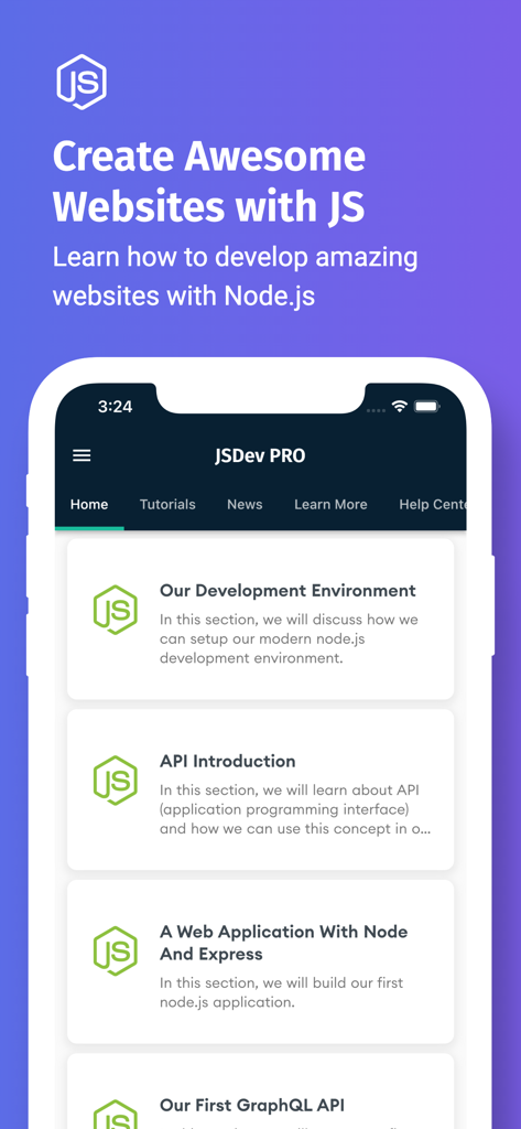 Mobile app interface displaying JavaScript and Node.js backend development tutorials