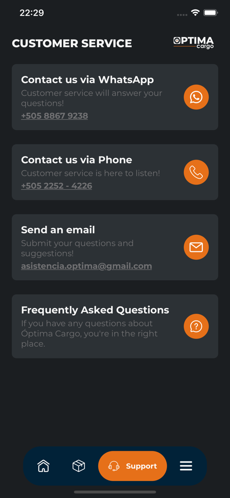 Optima Cargo app customer support screen displaying WhatsApp phone email and FAQ contact options