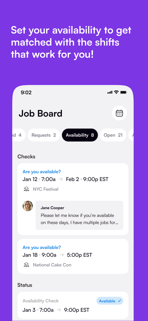 Nowsta Workers app interface showing shift requests and availability settings on the job board.